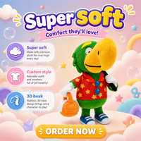 Peluche personnalisée : Perroquet vert en peluche pour enfants, jouet en peluche oiseau de dessin animé avec chemise hawaïenne, vêtements pour peluches