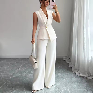 Women's Elegant Solid Pattern 2-Piece Set Sleeveless Collared Vest Straight-Leg <b>Pants</b> for <b>Summer</b> Casual Knitting Daily Wear - Product Image 1