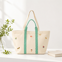 Sac fourre-tout en toile brodée grande capacité pour femme, sac à bandoulière réutilisable pour la plage, les voyages et le shopping avec sangle à carreaux.