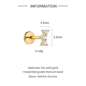 Piercing de Oro Sólido de 14K para Uso Diario, Mini con 3 Piedras y Base Plana de Titanio G23 Hipoalergénico, Corazón Brillante Pequeño - Product Image 3