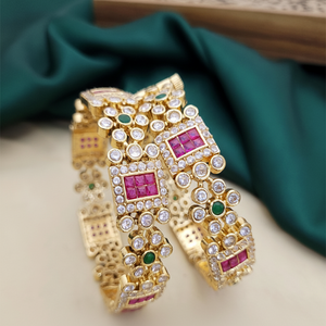 Exclusive Design Classic <b>Gold</b> Plated Brass Moissanite Two <b>Set</b> <b>Bangles</b> Stylish Openable for Women Wedding Wear - Product Image 1