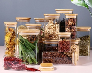 Modern OEM Hand Blown 500ml Square Glass <b>Storage</b> Jar Transparent Kitchen Food Seasoning Jar with Bamboo Lid for Home Party Use - Product Image 2