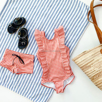 Ensemble de maillots de bain deux pièces à manches longues personnalisés pour filles, short de bain pour garçons avec doublures, maillot de bain une pièce imprimé intégral