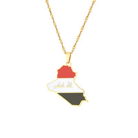 Collier pendentif vintage en acier inoxydable plaqué or avec chaîne en boîte, carte et drapeau de la République d'Irak, avec pochette cadeau