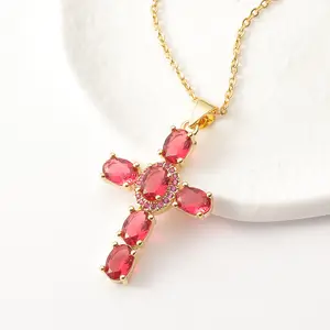 Fashion jewelry necklaces CNC inlay zircon 18 K Gold plated Copper Zircon Cross Pendant Necklace for Women