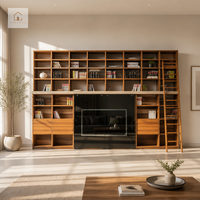 Meuble TV intégré professionnel XINGRUO avec étagères ouvertes, unité murale en bois sur mesure de grande taille, mobilier de luxe moderne avec échelle
