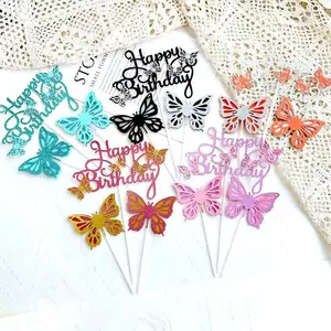 Thiết Kế Mới 3Pcs Giấy Bánh Bướm Toppers Long Lanh Lắp Ráp 3D Bướm Cupcake Toppers Cho Hạnh Phúc Bánh Sinh Nhật Trang Trí