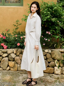 Elegante Vestido Camisero Vintage de Alta Gama para Mujer, Diseño Plisado Blanco, Corte Holgado y Recto, <span class=keywords><strong>Falda</strong></span> Larga - Product Image 5