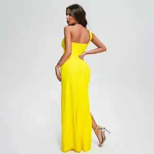 Bella Barnett Ladies Hollow Out Mesh High Slit Party Dresses 1 Shoulder Evening Gowns Yellow Dress For Women