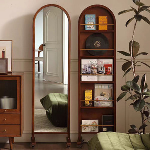 Retro Solid Wood Floor Mirror With Bookshelf Full Length Rotating Home Storage Vintage Walnut Black Mid Century Modern Design - Product Image 1