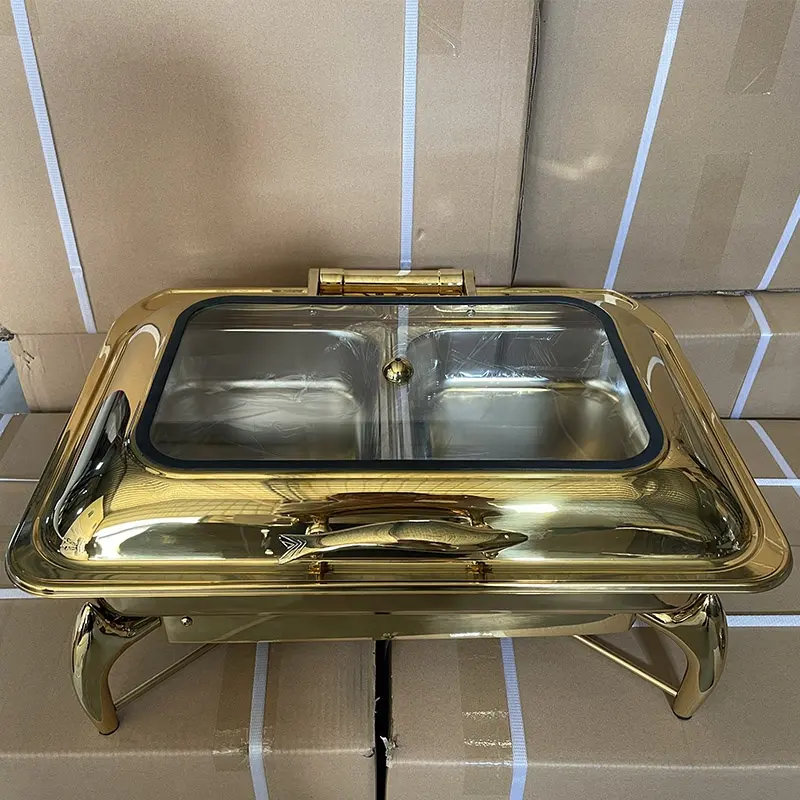 New Arrival Rectangular Chaffing Dishes Stainless Steel Catering Equipment Double pan 9L Gold Flip Top Chafing Dishes