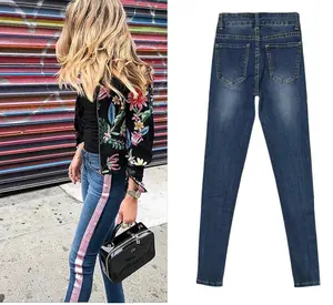 calças de brim cor do pó Suppliers-Meados da cintura das mulheres slim fit faixa lateral pó quente calças jeans stretch calças jeans lavado bigodes do gato