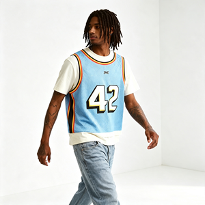 Camiseta <span class=keywords><strong>de</strong></span> <span class=keywords><strong>baloncesto</strong></span> <span class=keywords><strong>de</strong></span> malla con efecto <span class=keywords><strong>de</strong></span> dos piezas para hombre, estampada a medida, estilo crop top, número 42, ropa urbana hip hop, venta al por mayor. - Product Image 2