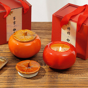 Persimmon Ceramic Candle Holder With Lid Soy Wax Home Decoration Wedding Gift Round Shape Artificial Fruit Lantern - Product Image 1
