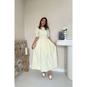 <b>Yellow</b> A-Line Poplin <b>Dress</b> Elastic Waist O-Neck Breathable Casual Daily Wear - Product Image 5