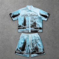Ensemble deux pièces tricoté pour homme, personnalisé, imprimé paysage intégral, chemise à manches courtes et short, coupe courte, formel, respirant, hiver