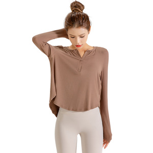 Gym Sport Femmes Active Wear Tshirt Manches Longues Bouton Côtelé Crop Top Formation Fitness Running Deportes De <span class=keywords><strong>Manga</strong></span> Corta - Product Image 5