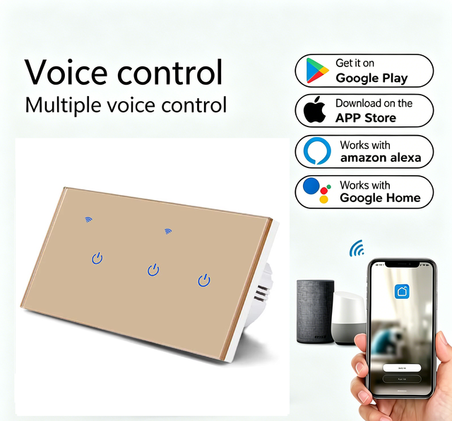 3 Switch 146-Type WIFI Touch Light Switch Single Live/ Live & Neutral Wire Compatible Supports Google Home & Alexa Voice Control