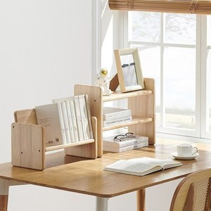 Solid Wood <b>Desktop</b> Storage <b>Shelf</b> 2 Tier Natural Color Office Organizer for Books Stationery Display - Product Image 4