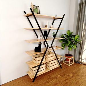 KS68035 Estante de Hierro en Forma de X de 6 Niveles con Parte Superior de Madera, Estantes Decorativos y Unidades de Almacenamiento de 120x37x180cm para Sala de Estar - Product Image 1