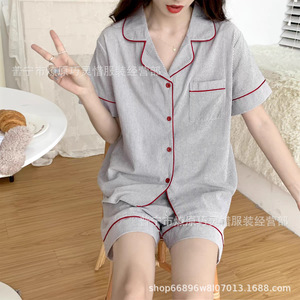 Atacado de Alta Qualidade Verão Curto Pijama das Mulheres Confortável Casual Solto Fino Seção Doce Lapela Homewear - Product Image 5