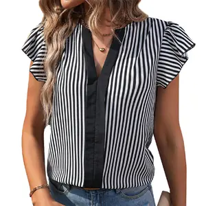 Blusas elegantes para mujer 2024 Primavera/Verano mangas voladoras negro blanco rayas verticales cuello en V camisa y blusa de moda para mujer