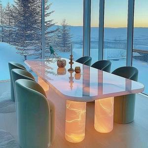 Hot Bán Tự Nhiên Onyx Bằng Đá Cẩm Thạch Bàn Ăn Phòng Ăn Đồ Nội Thất Mờ Backlit Hình Bầu Dục Hình Chữ Nhật Màu Hồng Onyx Bàn Ăn - Product Image 6