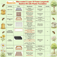 En promotion : Kit de ruche Langstroth Beecon 3 couches 10 cadres, entièrement enduit de cire, avec cadres en bois et fondations en plastique ciré