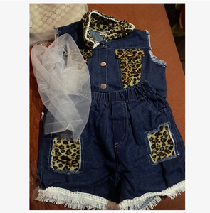 ชุดเซ็ตกระโปรงยีนส์ลำลองแบบไม่มีแขนพิมพ์ลายเสือดาว แต่งผ้าต่อกัน ชุดยีนส์ผ้าฝ้าย 95% เสื้อกั๊กแขนกุดและกางเกงขาสั้น - Product Image 6