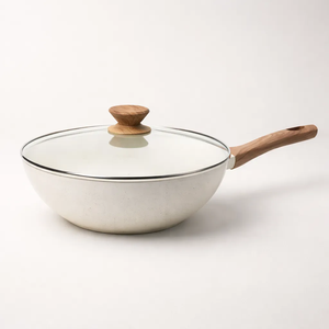 Wok en céramique de haute qualité, revêtement marbré antiadhésif, forgé, avec couvercle en verre et poignée en bois, 28 cm, pour cuisinière à gaz et à induction - Product Image 1