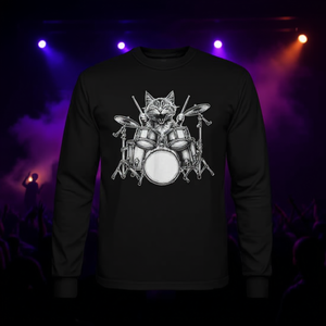 Camiseta de manga larga con diseño de gato tocando el tambor, percusionista, baterista, música rock and roll - Product Image 3