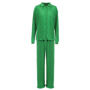 Completo Due Pezzi Autunnale da <span class=keywords><strong>Donna</strong></span> Vintage con Camicia Oversize a Maniche Lunghe e <span class=keywords><strong>Pantaloni</strong></span> a Vita Alta <span class=keywords><strong>Arancioni</strong></span> Plissettati - Product Image 3