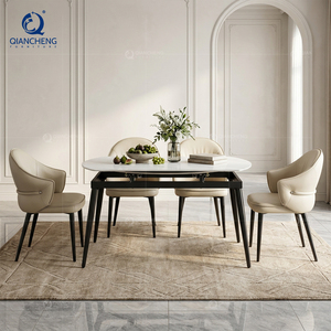 Tables à manger rondes extensibles en pierre frittée blanche avec pieds en métal noir pour 4 à 6 personnes, meubles d'appartement, table de salle à manger - Product Image 4