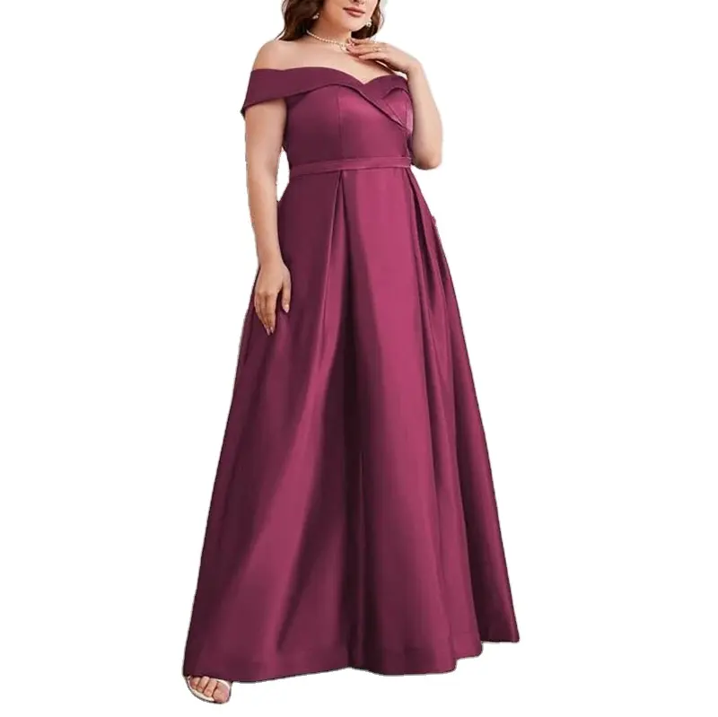 Neue Mode träger loses elegantes Satin kleid plus Größe schulter frei falten plissiertes Maxi-Abendkleid