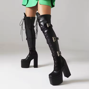 New Style Women Heels Boots Pretty Patent PU Women's Over-the-Knee Long Boots Lace-Up Square Buckle Platform Women's Shoes - Product Image 4