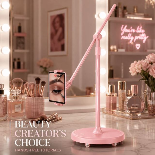 Factory Price L68S Elegant Pink Tablet Floor Stand 4kg Weighted Base 64cm Long Arm 5 Wheels Adjustable Stable Metal Black
