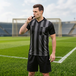 Maillot de football rayé noir et gris pour homme, col en V, manches courtes, anti-transpiration, avec poches, coupe classique, vêtements pour adultes - Product Image 3