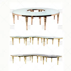 factory royal event decoration mdf moon table stainless steel gold mirror glass wedding serpentine table