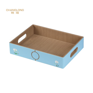 Plateau de service profond en cuir PU 400x300x80mm avec poignée découpée, bleu ciel, impression florale UV, plateau de service pour hôtel, production en gros en 15 jours - Product Image 1