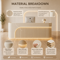 Comptoir d'accueil à panneaux cannelés avec éclairage LED, taille personnalisée, blanc crème, pour salon de beauté, spa, hôtel, bureau, avec armoires de rangement
