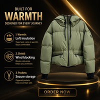 Veste courte à capuche en duvet vert armée pour femme