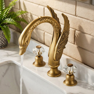 Retro European Style Swan Three-Piece Split Faucet Set Antique Brass Dual Handle Deck Mounted for Luxury Home Bathroom Use - Product Image 1