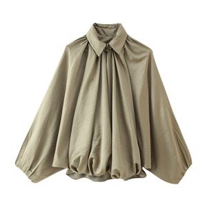 Blusa de Moda Casual para Mujer, Cuello Camisero, Manga Larga, Color Caqui, Tejido Vintage Transpirable, Sólido - Product Image 1