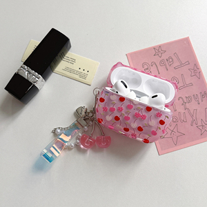 Étui pour <span class=keywords><strong>AirPods</strong></span> Pro 2 3 rose cerise coréen mignon, coque de protection transparente en TPU de luxe avec porte-clés cerise perlé - Product Image 3