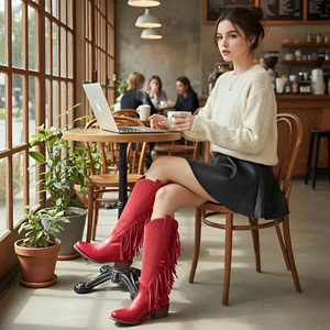 <span class=keywords><strong>Botas</strong></span> Vaqueras de <span class=keywords><strong>Mujer</strong></span>, Estilo Retro, Punta Redonda, Tacón Grueso, con Borlas, Estilo Country, Vaqueras Occidentales - Product Image 6