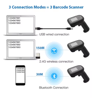 1D 2D CMOS inalámbrico 2,4G BT lector de código QR con pantalla ligero PDF417 escáner de código de barras de mano para logística supermercado