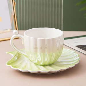 Tasse à café et soucoupe en céramique à dégradé de couleur, vente chaude, coquille de perle, pour le petit-déjeuner à la maison, tasses à thé avec plateau - Product Image 5