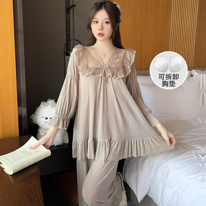 Bahar sonbahar pijama setleri bir yay dantel yaka tatlı kız gecelik seksi kadın ev giysileri özel kadın pijama içinde - Product Image 5