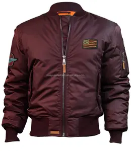 Custom Classic Zip Up MA1 Fly Leather Satin Blouson Bomber Jacket With Woven Badge Print Embroidery Logo