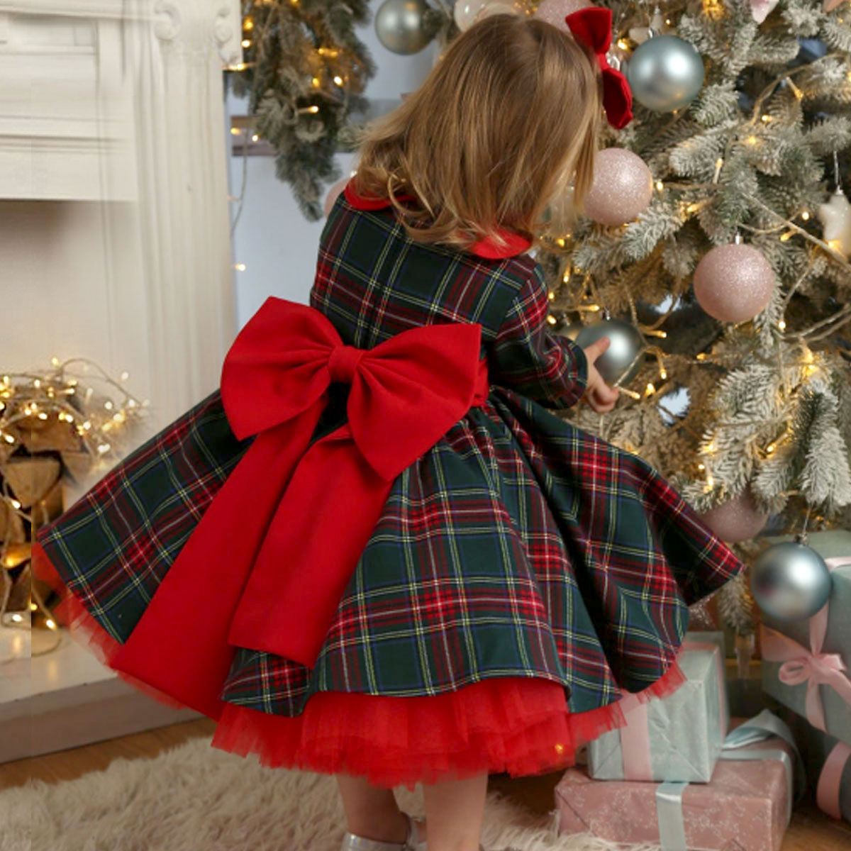 Baby 1-7Y Christmas Girls Red Dress Plaid Bow Tulle Tutu